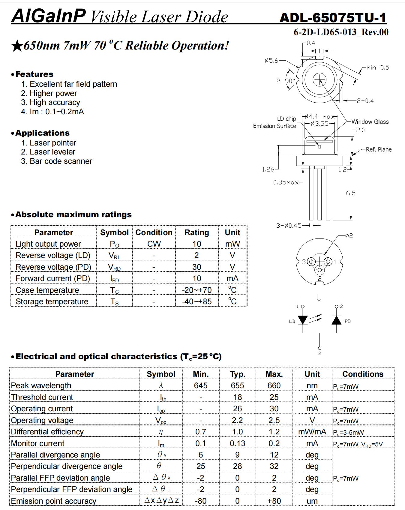ADL-65075TU-1 650nm 7mW 70° TO18 5.6mm High Accuracy Laser Diode LD