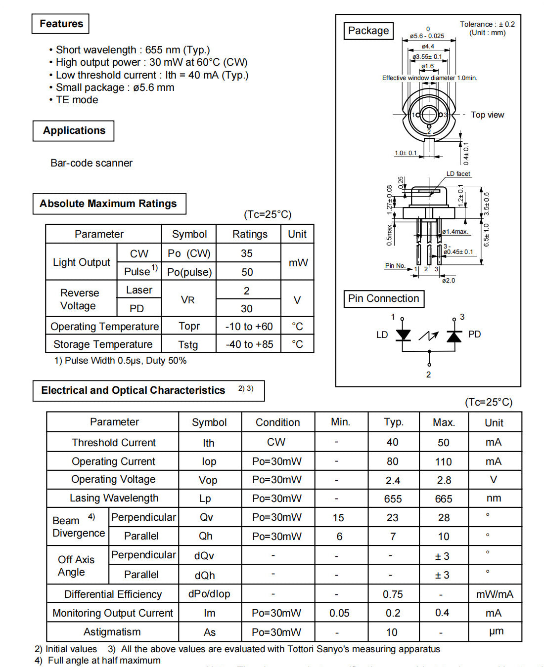 Original 650-665nm 30mW Laser Diode TO-18 5.6mm P-Type with PD