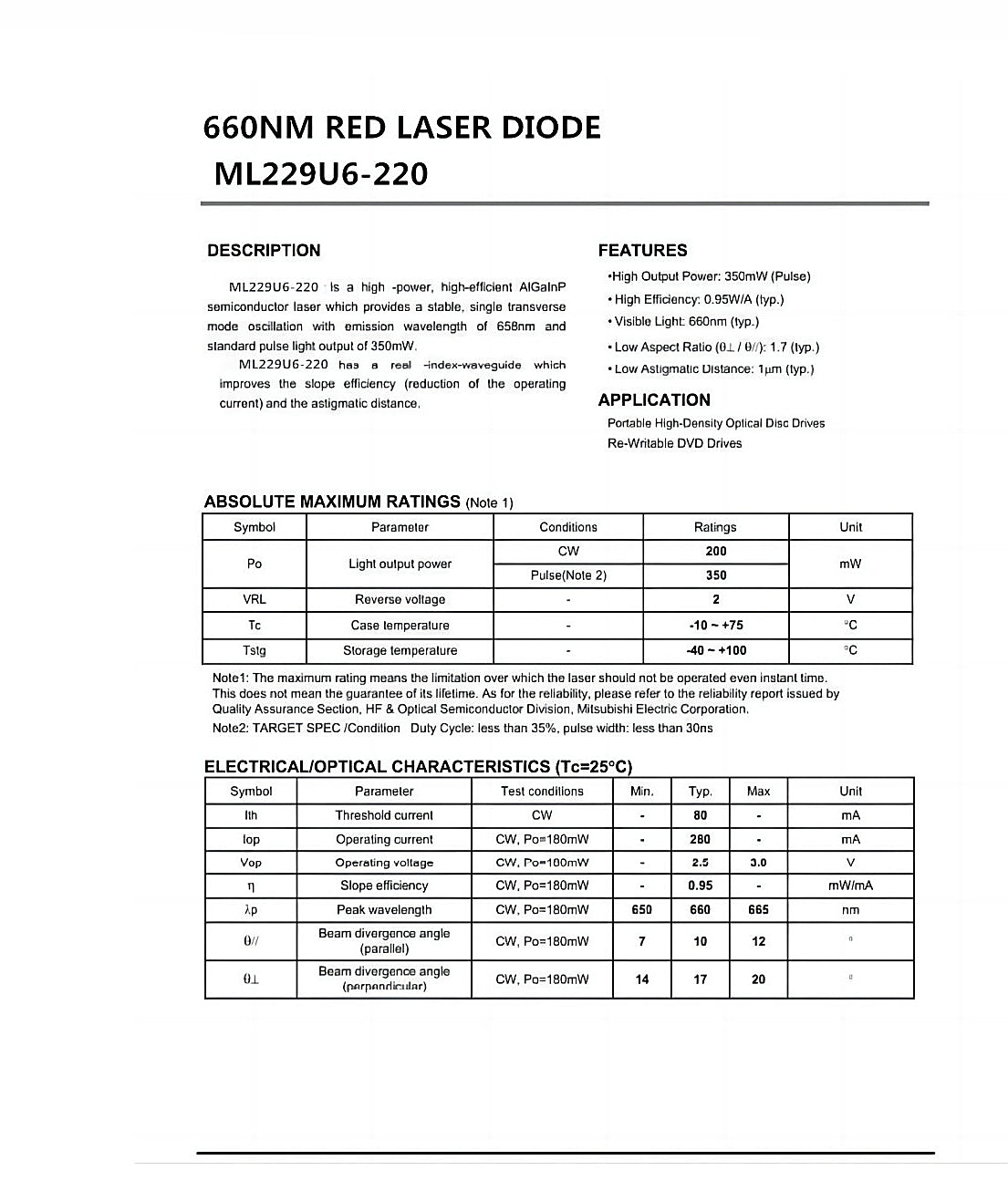 650nm 660nm 200mw/350mw Push CW Red Laser Diode LD ML229U6-220 TO38 3.8mm