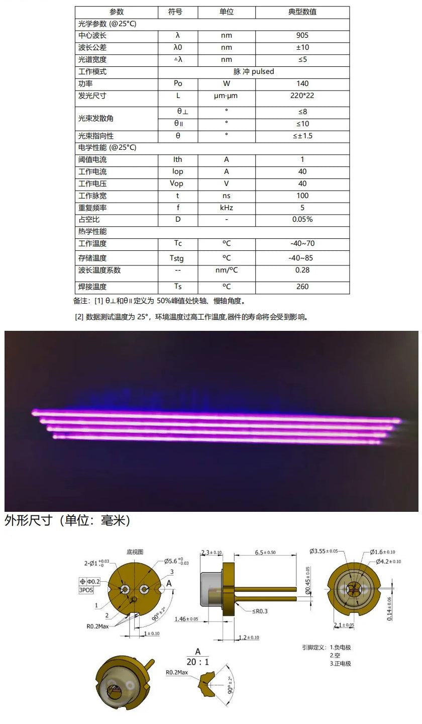 New 905nm 75W 140W High-Power Pulse Collimation Laser Diode Laser Ranging Sensor