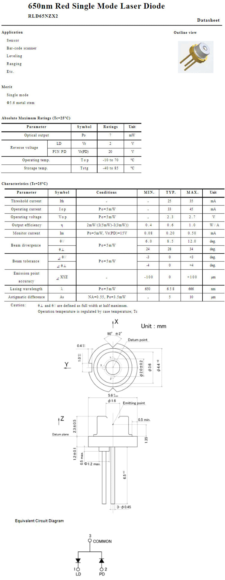 650nm 658nm 5mW To-18 5.6mm N-type Red Single Mode Laser Diode RLD65NZX2