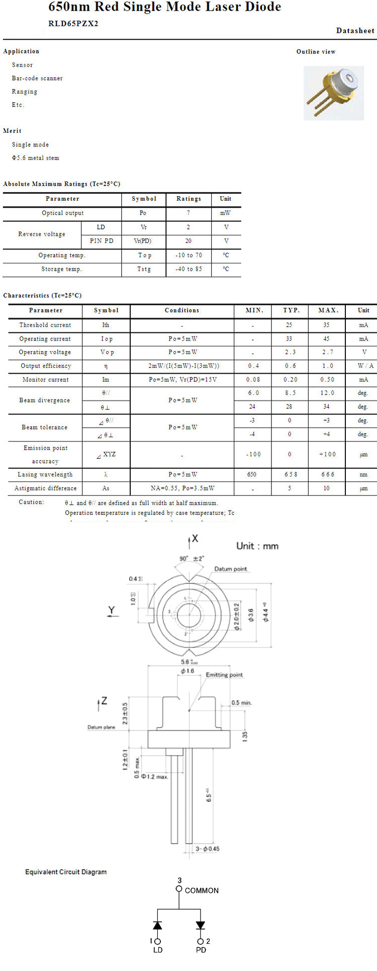 650nm 5mW To-18 5.6mm P-type w/PD Red Single Mode Laser Diode RLD65PZX2