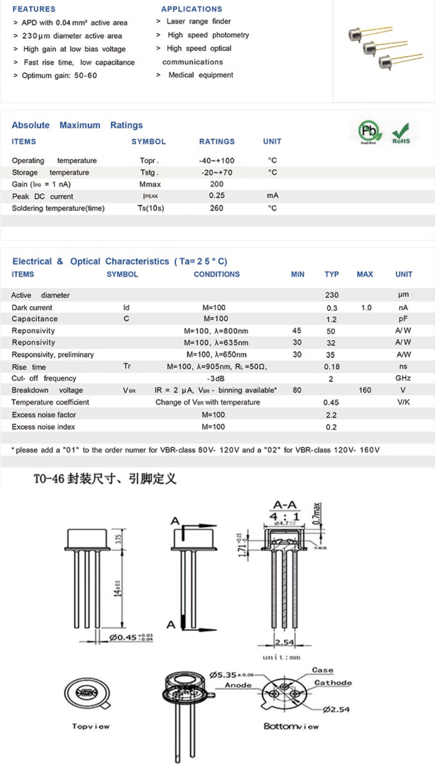 New 650nm 230um TO46 Avalanche Photodiode APD Receiving Photodiode Detector