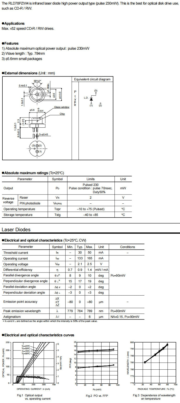 Infrared Laser Diode | Typical 784nm, Pulse Max 230mW | φ5.6mm TO Package for Max ×52 Speed CD-R CD-RW Optical Disk Drive