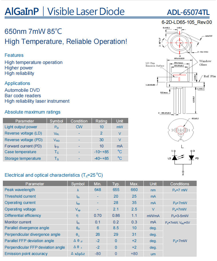 New 650nm 7mW 5.6mm 85℃ High Temperature Visible Laser Diode Red Laser Diode