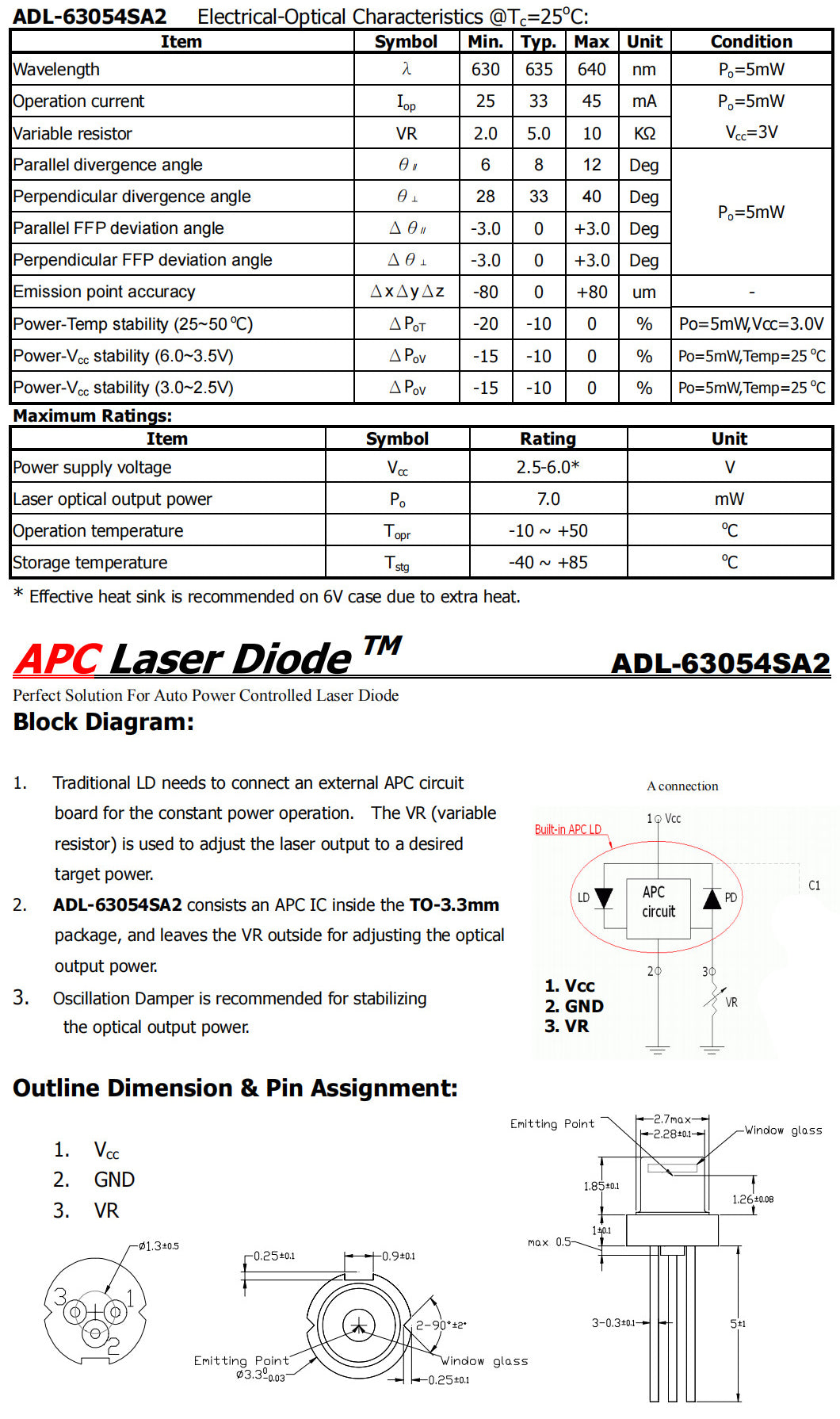 635nm 5mW To-33 50℃ High Temperature Resistant Built-in APC Circuit Laser Diodes