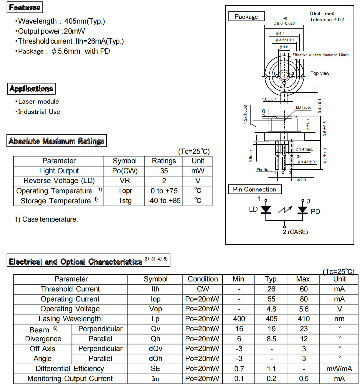 405nm 20mW SLD3134VR-31 Purple Diode TO5.6 w/ PD Laser Diode Module Light Source