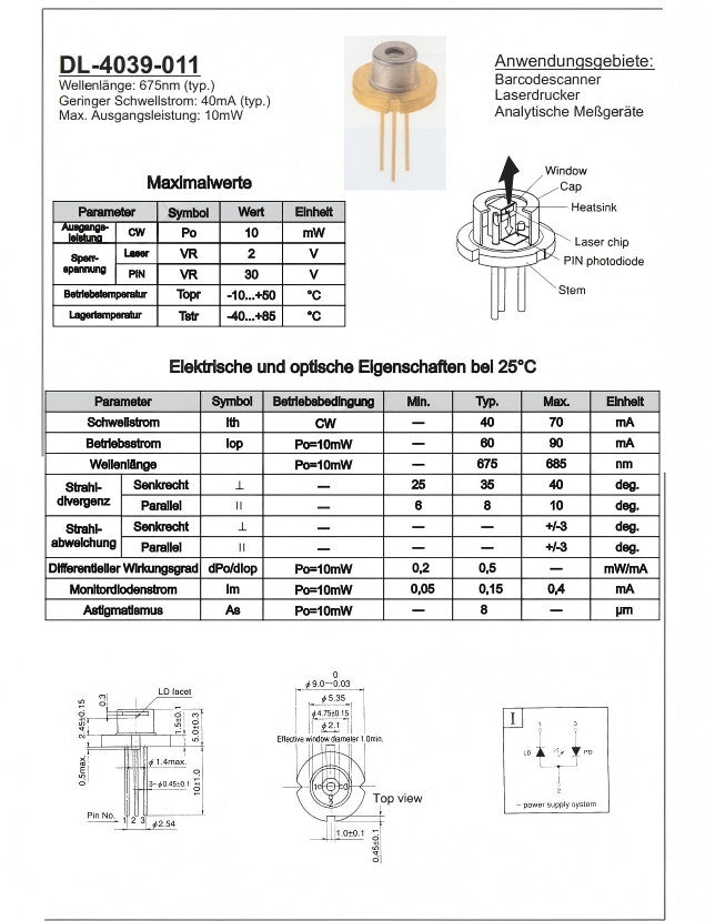 670nm 675nm 10mw 9mm Encapsulated N Type Laser Tube Laser Diode LD