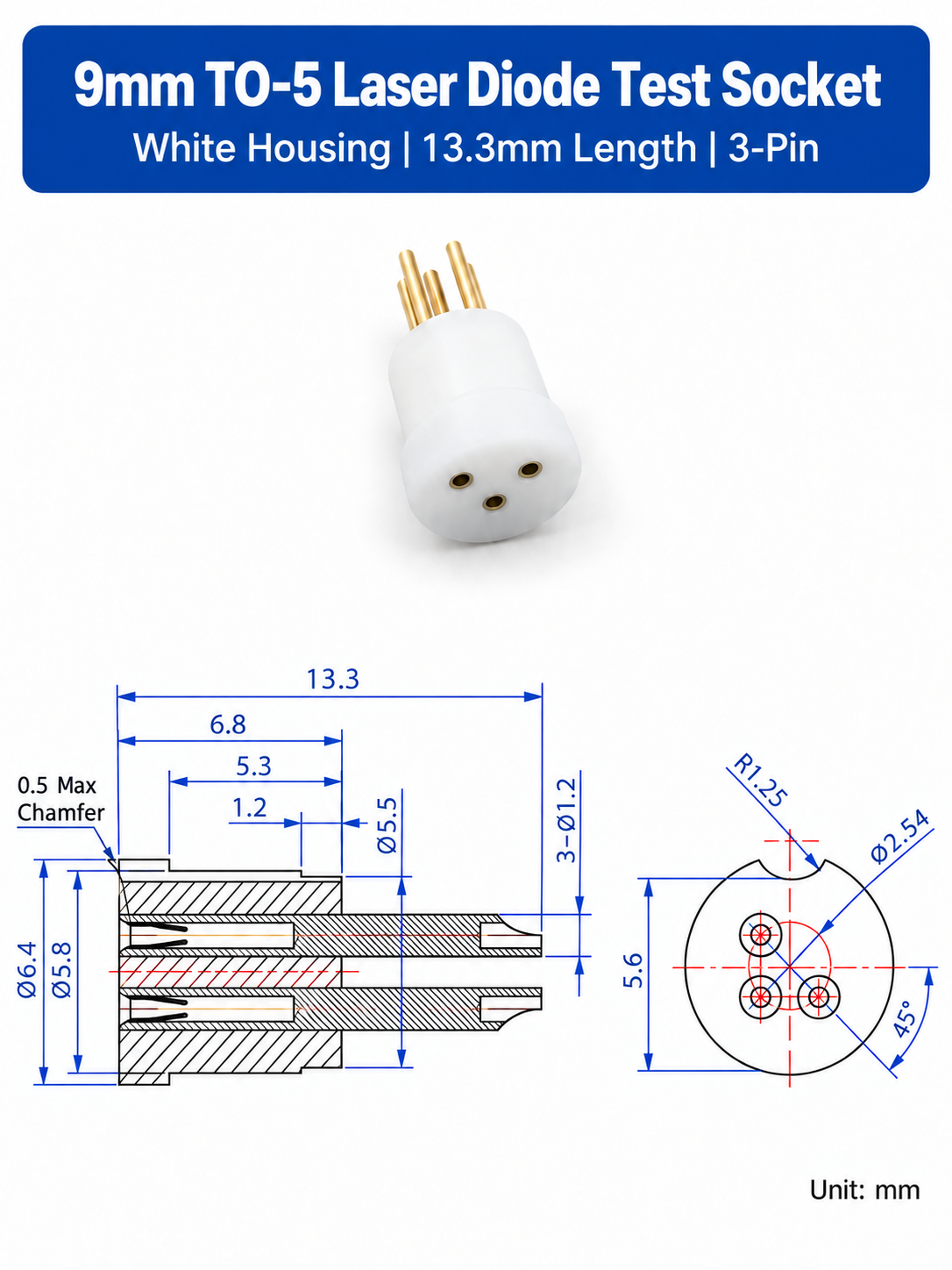 Laserdioden-Stativbuchsen-Steckerhalterung für 5,6mm TO-18 Dreipinfähige Laserdiode