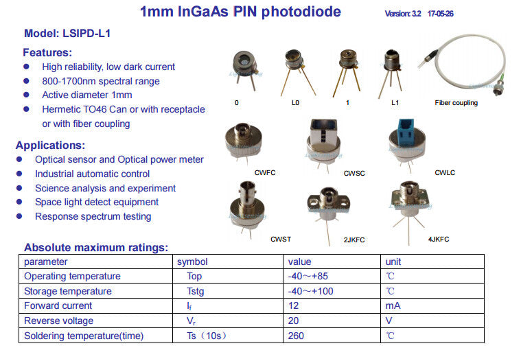 1pc 800-1700nm 1mm InGaAs Photodiode Diode High Stability with L1 Large Ball Lens