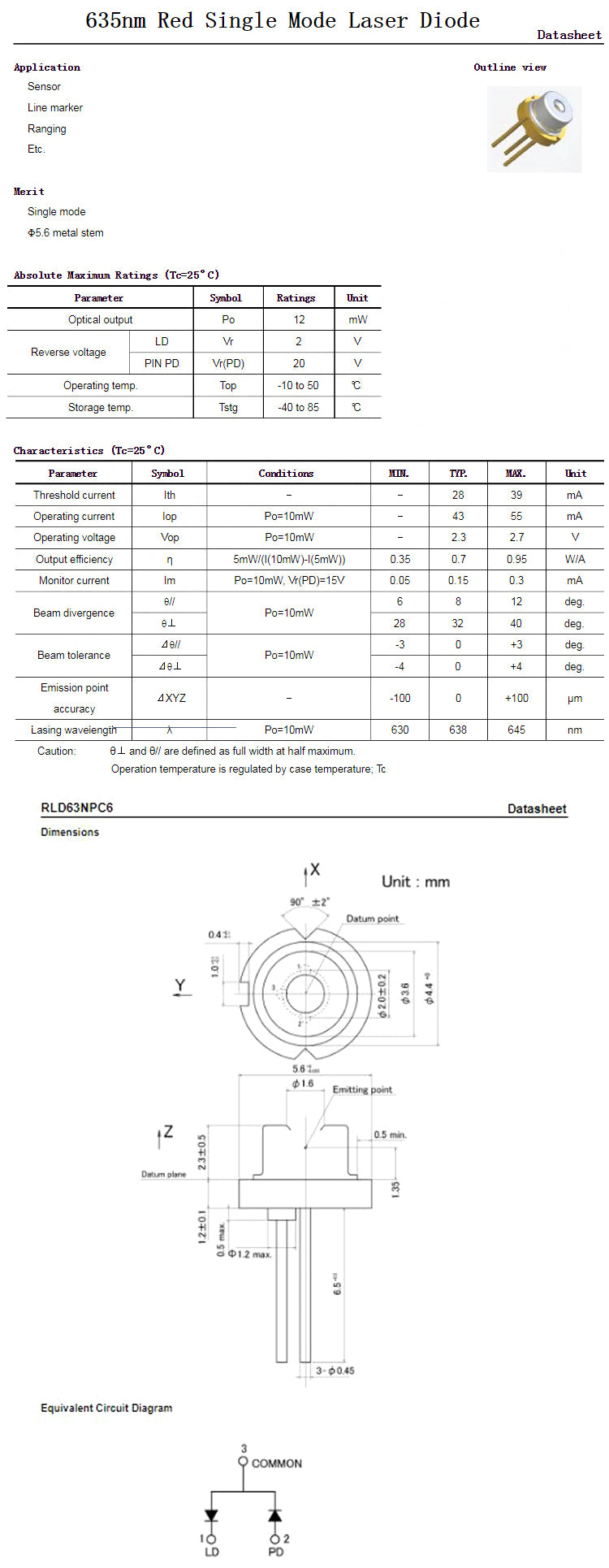 635nm 10mW To-18 5.6mm with PD Red Low Power Single Mode Laser Diode RLD63NPC6