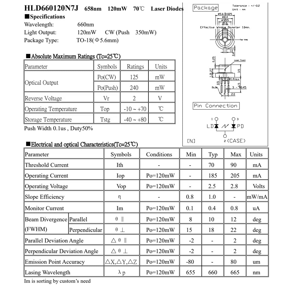 658nm 660nm 120mW N-Type with PD 5.6mm High Cap 3.5mm Industrial Laser Diode LD