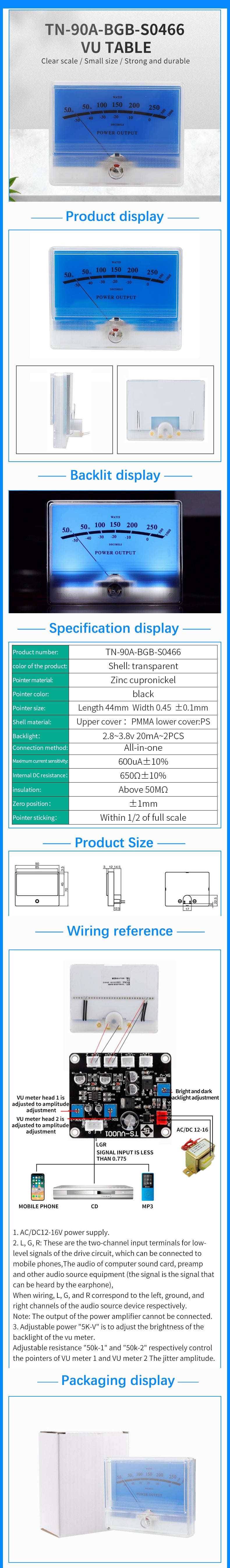 600uA 650Ω Audio Volume Meter With Backlight Pointer Power Meter VU Level Meter