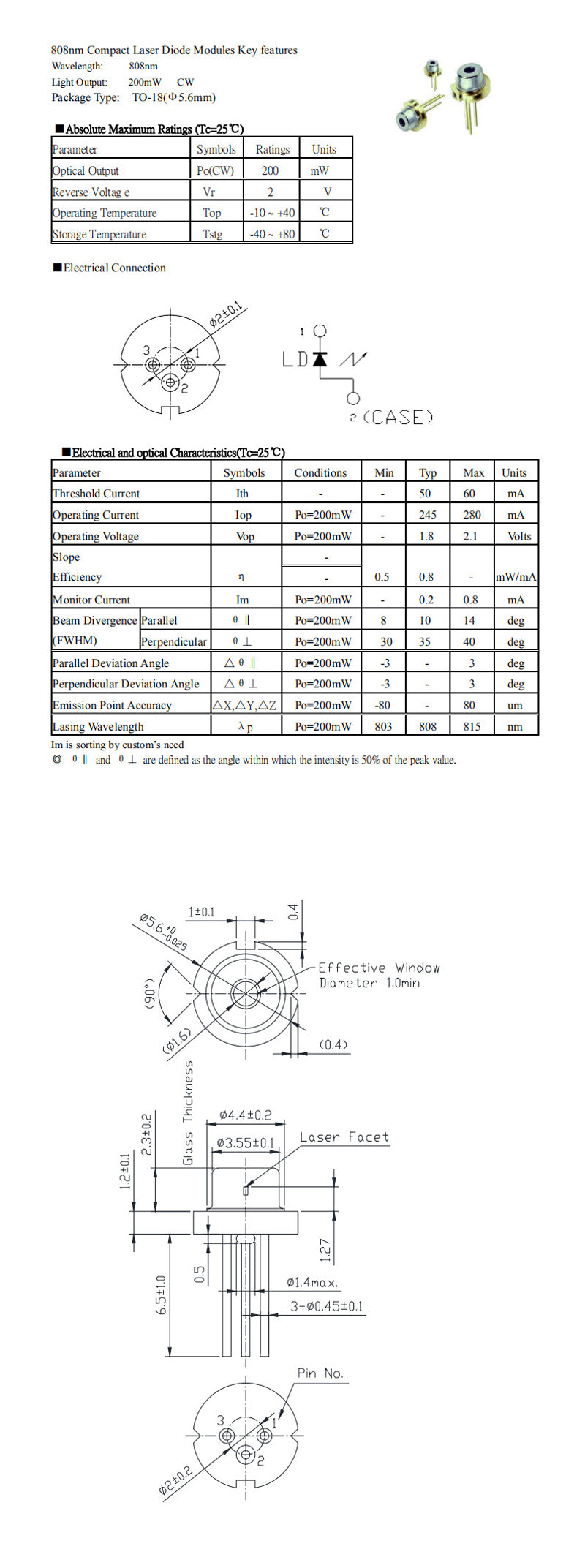 808nm 200mW Imported Laser Diode LD Near Infrared Laser Head