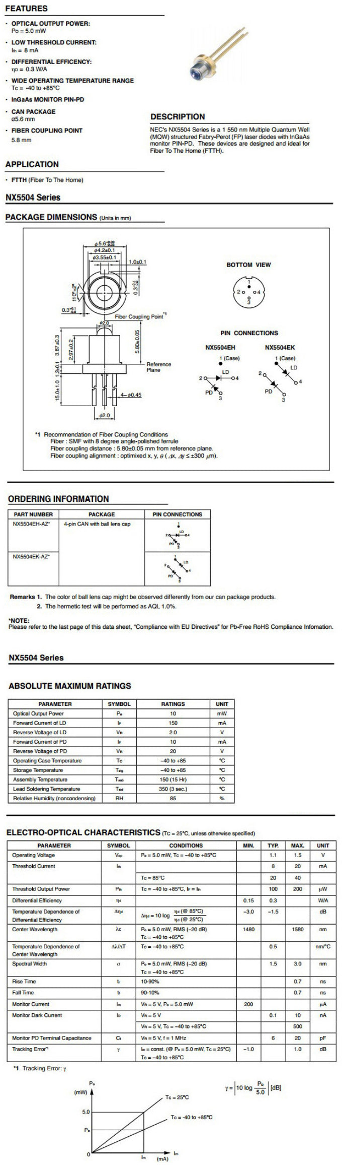 1490nm DFB 1550nm FP 5mW Aspheric Surface Fiber Optic Communication Laser Diodes