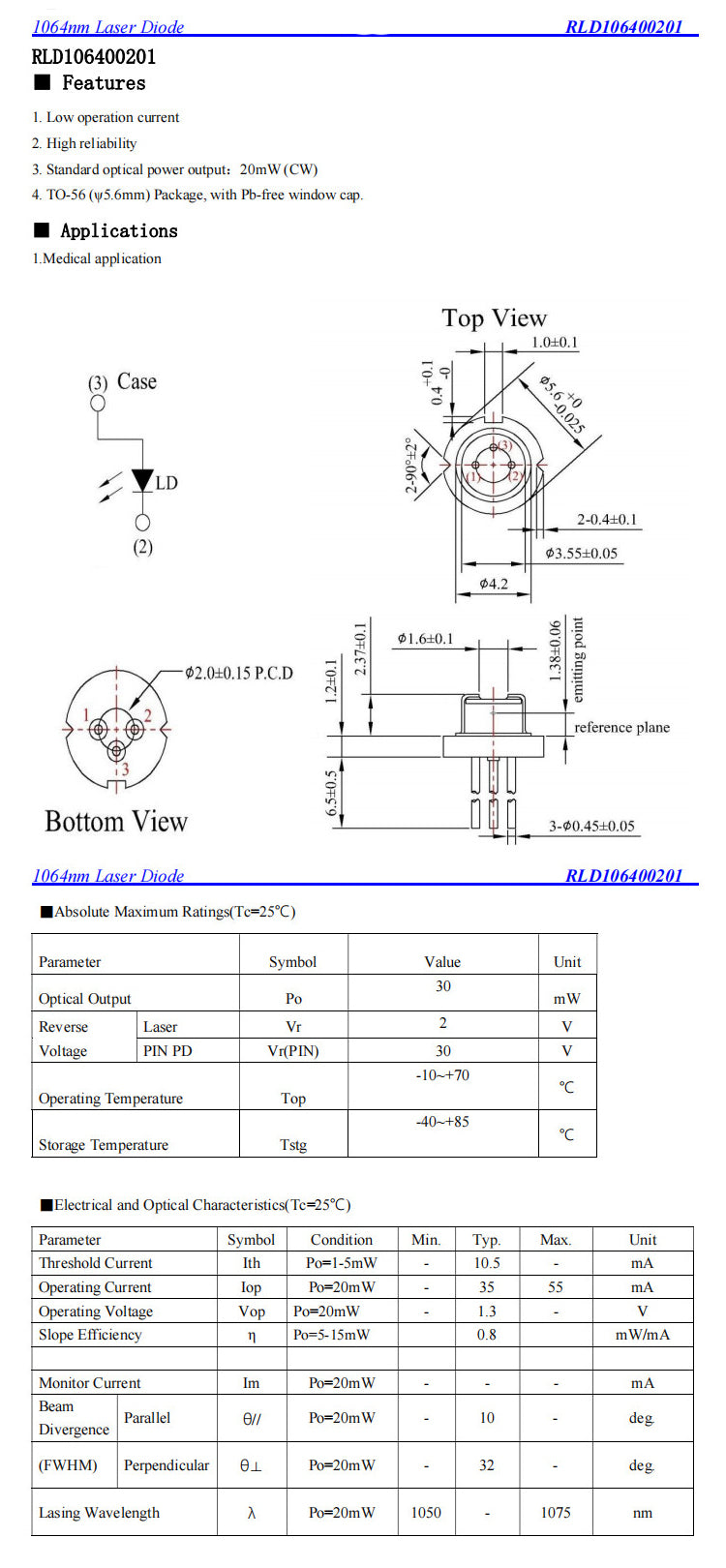 High Quallity 1064nm 20mW 5.6mm RLD106400201 With PB-free Window Cap Laser Diode