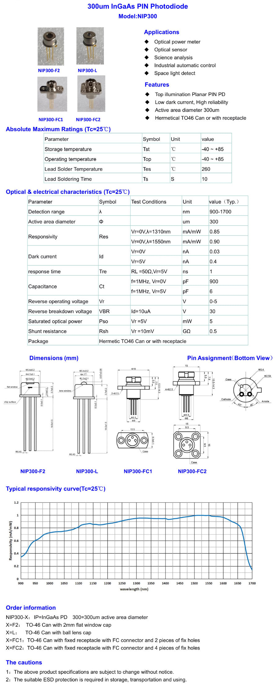 900-1700nm 1550nm 300um Photosensitive Surface Photodiode Detector FC Connector