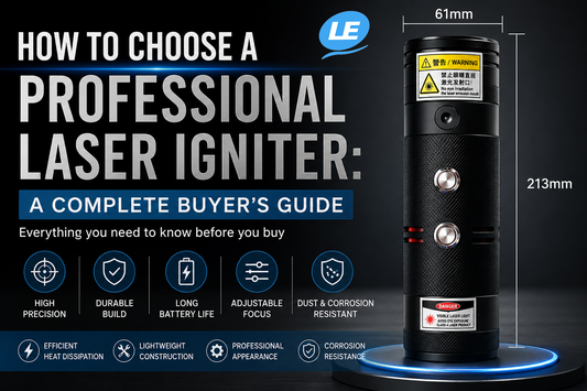 Professional laser igniter buyer's guide showing a high-power rechargeable laser igniter with adjustable focus, durable aluminum body, and key product features.