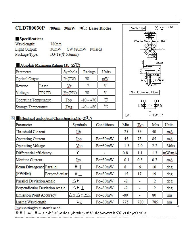 780nm 785nm 30mw 5.6mm P-Type pin Original Laser Diode DIY New High Quality