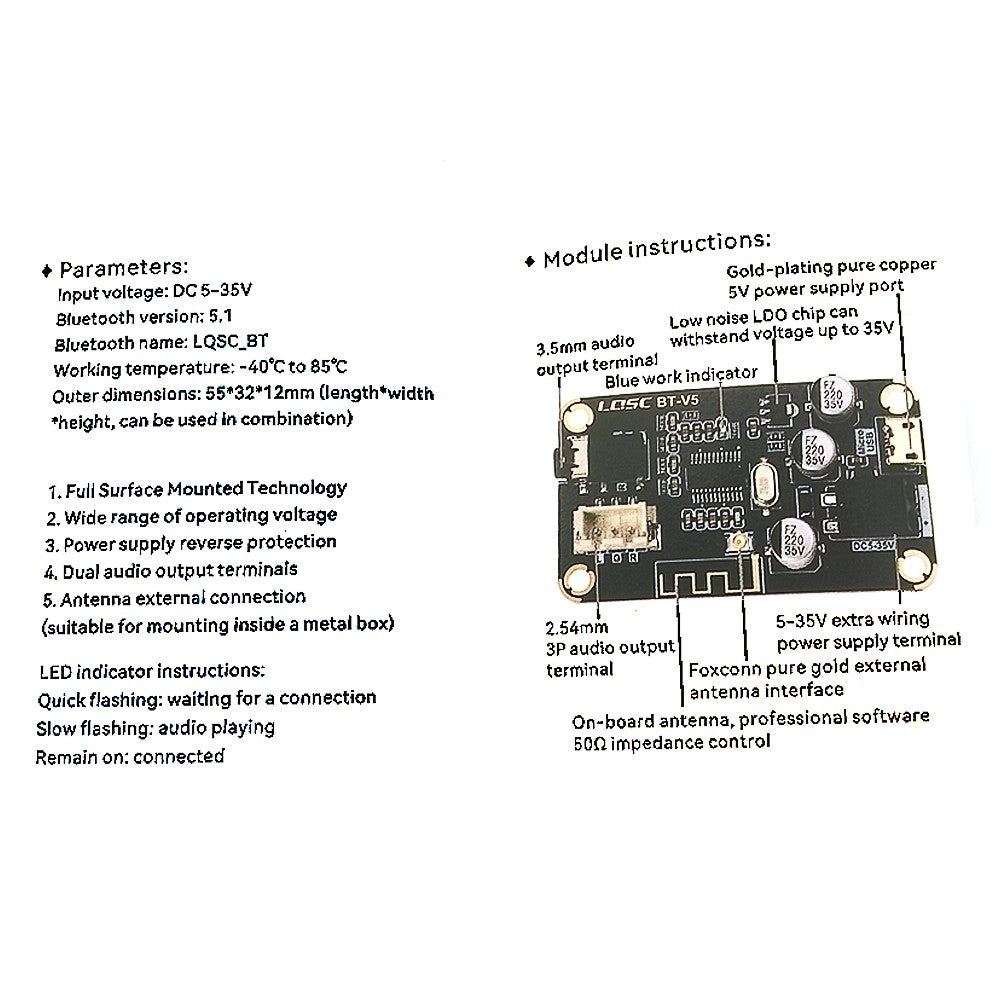 5V-35V Bluetooth 5.1 Audio Reception and Decoding Board 12V Wide Voltage USB Computer Sound Card Decoder