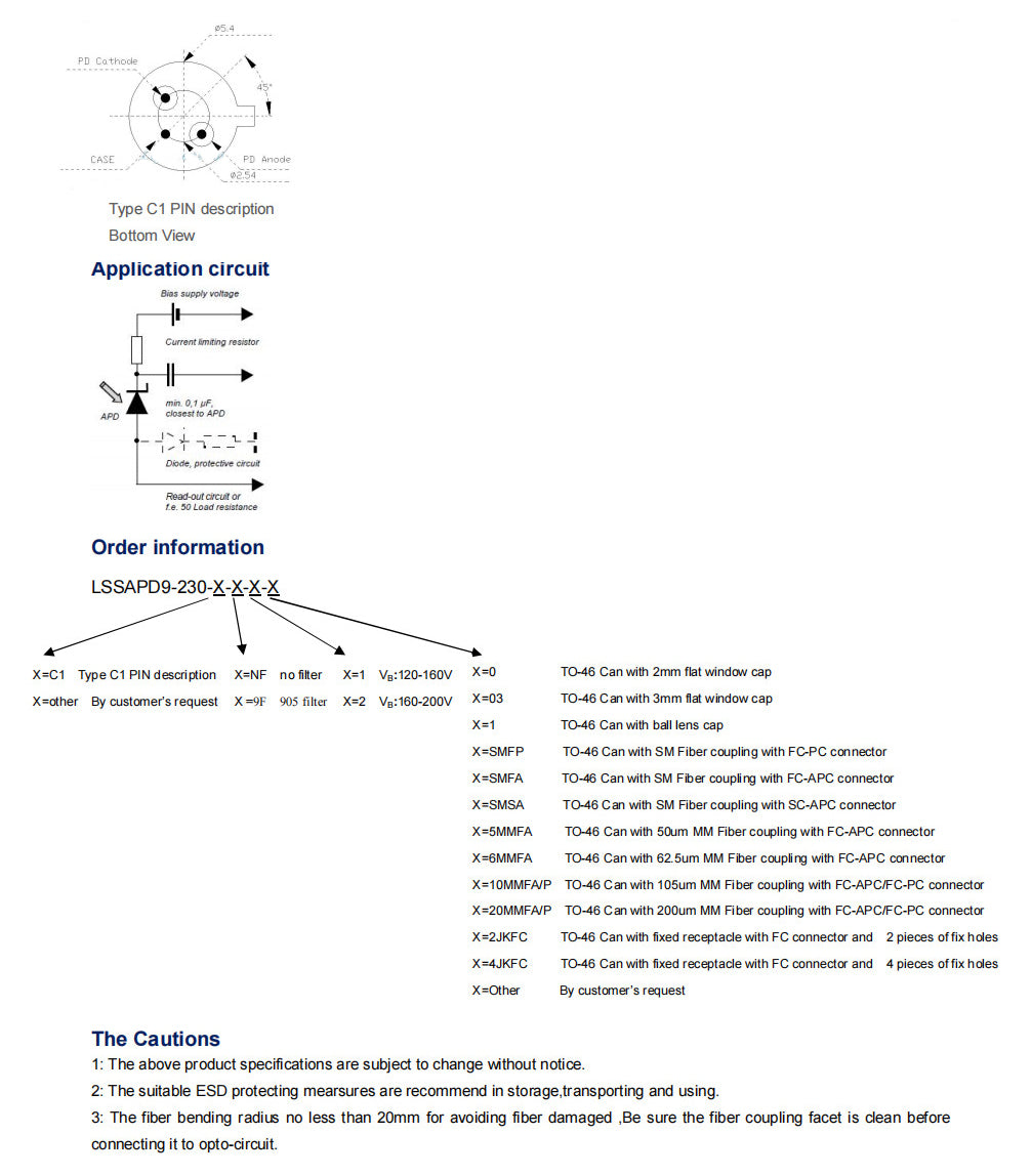 905nm Silicon 230um VB:160-200V Avalanche Photodiode or With Receptacle or With Fiber Coupling