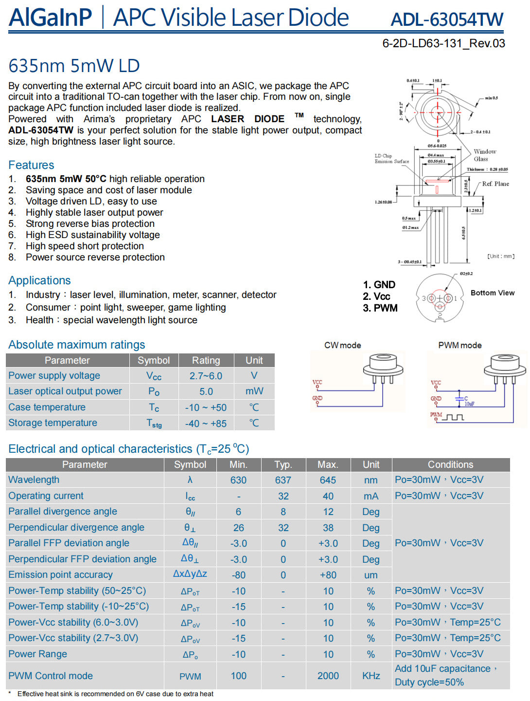 ADL-63054TW 635nm 5mW TO18 5.6mm Built-in APC Circuit Laser Diode LD