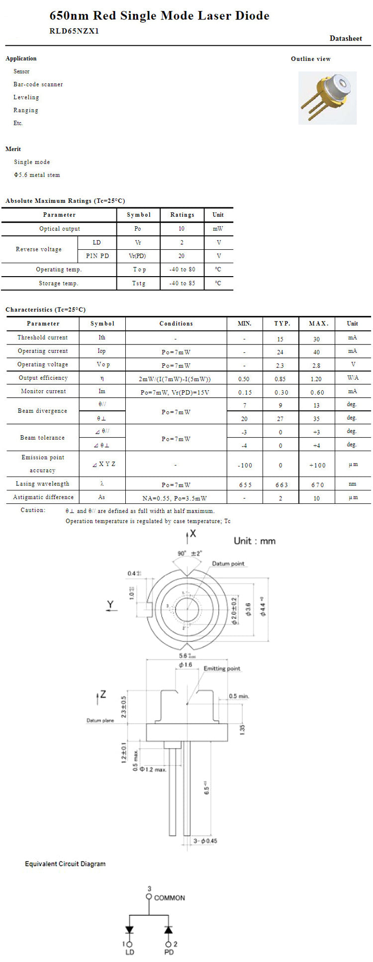 660nm 663nm 7mW To-18 5.6mm N-type Red Single Mode Laser Diode RLD65NZX1