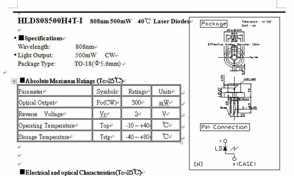 808nm 500mW 5.6mm TO-18 Infrared IR Laser Diode LD with PD