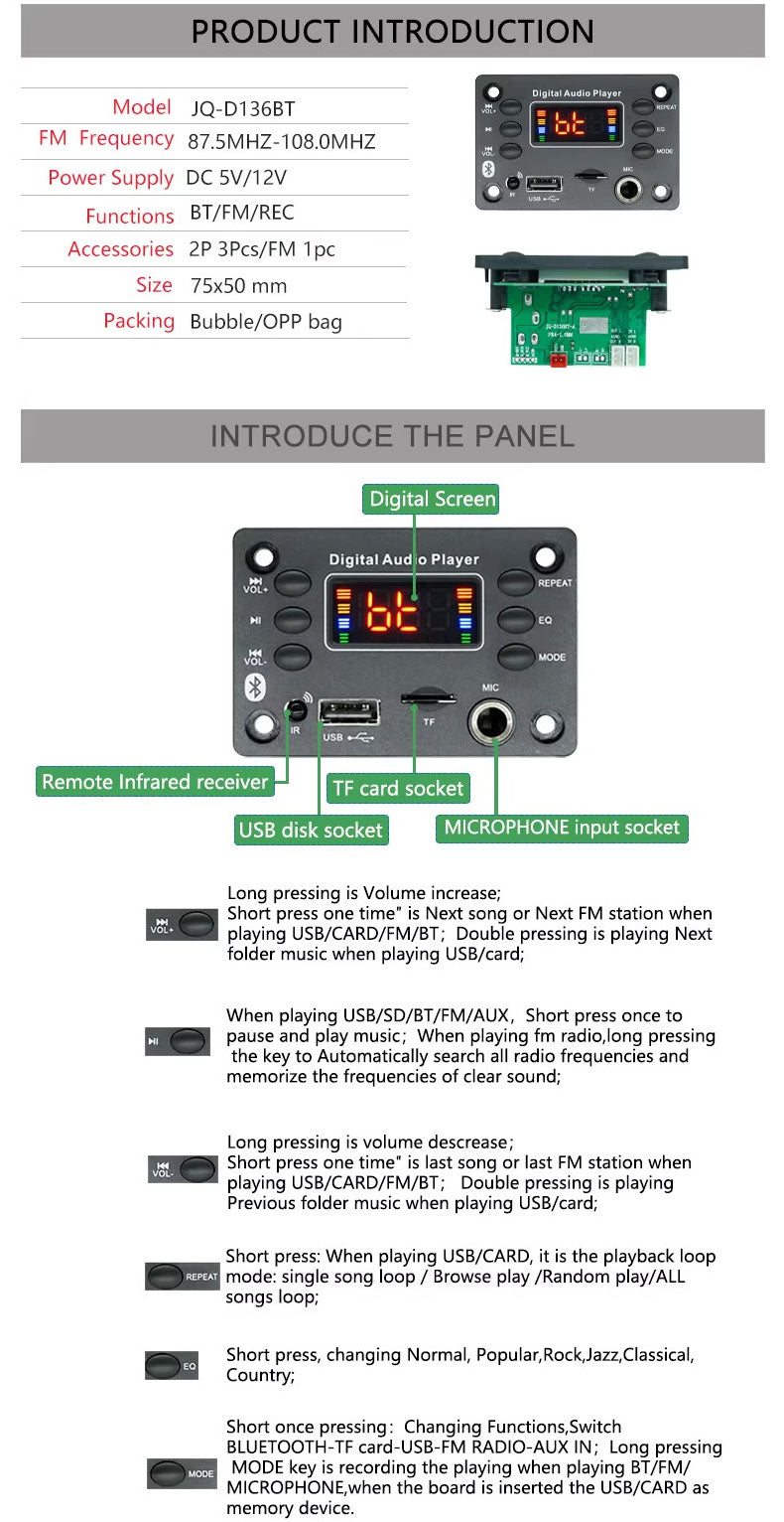D136BT Bluetooth MP3 Player Speaker MP3 Module Decoder Board With Microphone