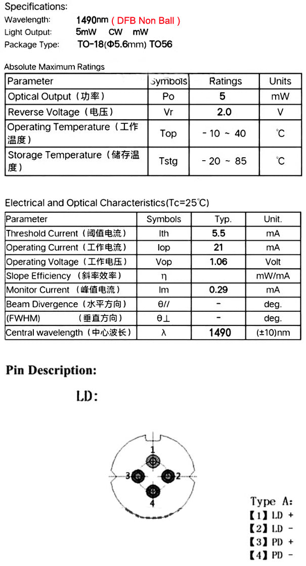 1490nm DFB 1550nm FP 5mW Aspheric Surface Fiber Optic Communication Laser Diodes