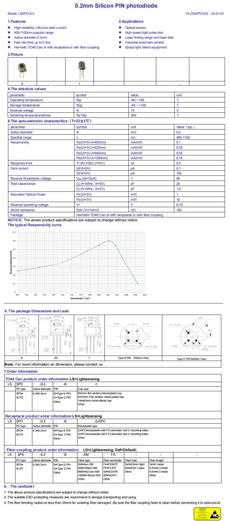400-1100nm 0.2mm Silicon PIN Photoddiode Low Current Electronics TO-46 Package