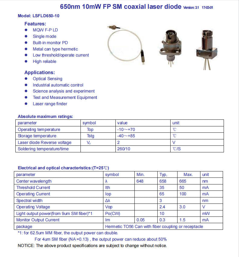 650nm 10mW FP SM coaxial laser diode B Type 9um FC/APC