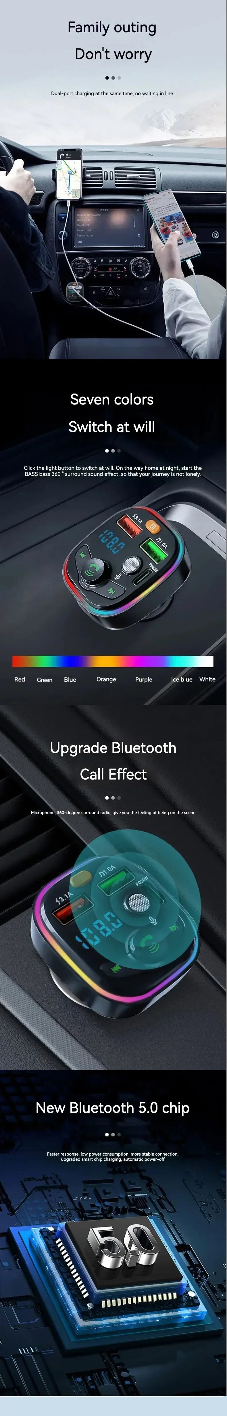 Car Bluetooth Receiver 5.0 Non destructive Multi functional Player with Atmosphere Light Car Supplies Charging Fast Charging