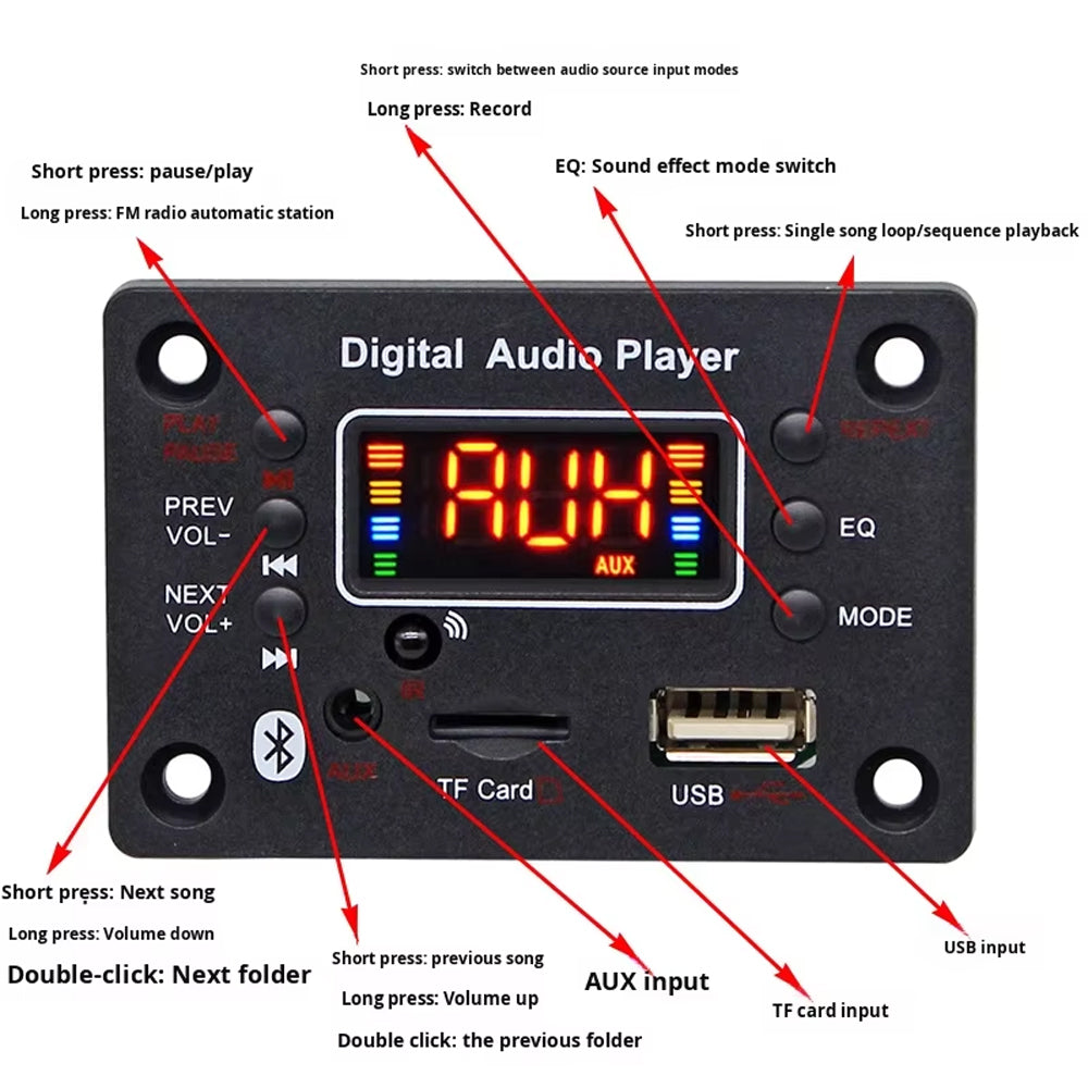 2x40W Lossless Bluetooth MP3 Audio Decoder Board Color Screen Recording Call 12V/19V/21V Car Home Audio DIY Amplifier Module