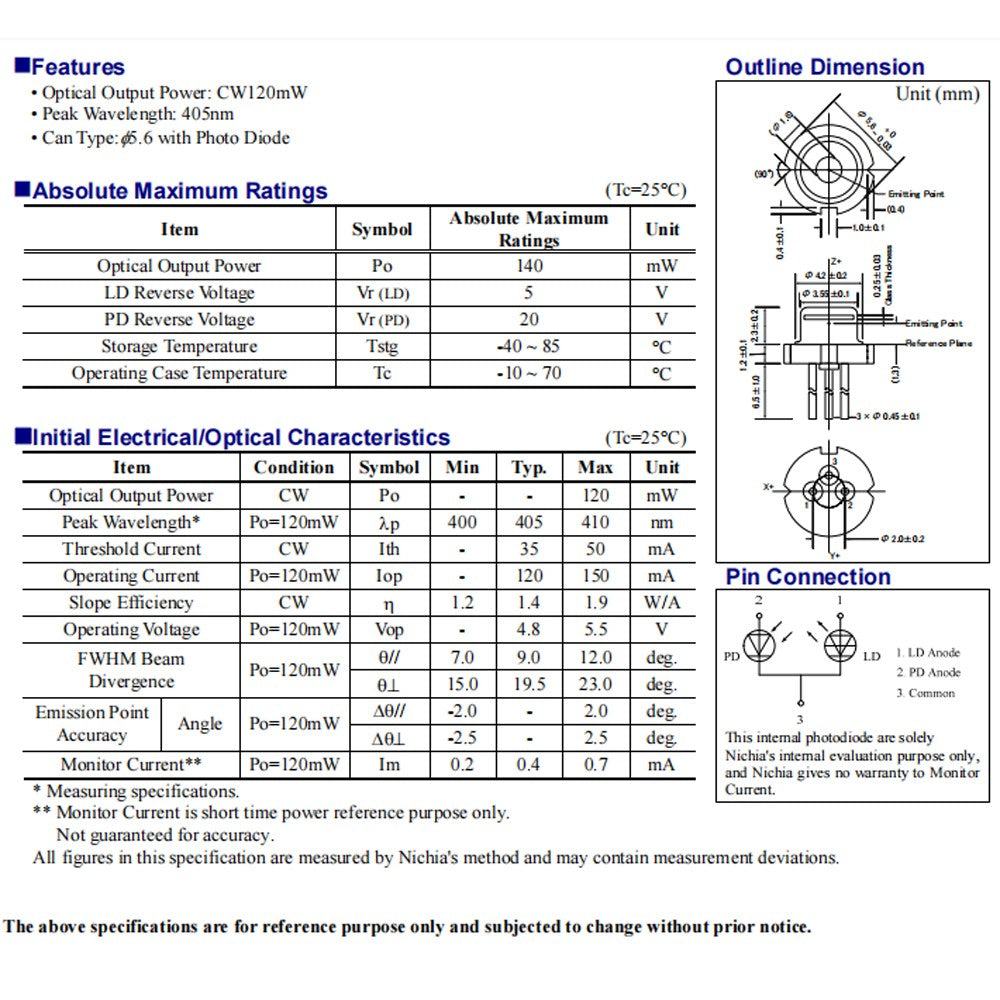 New NDV4313 405nm 120mW 5.6mm Violet/Purple Laser Diode w/ PD Diode Laser Source