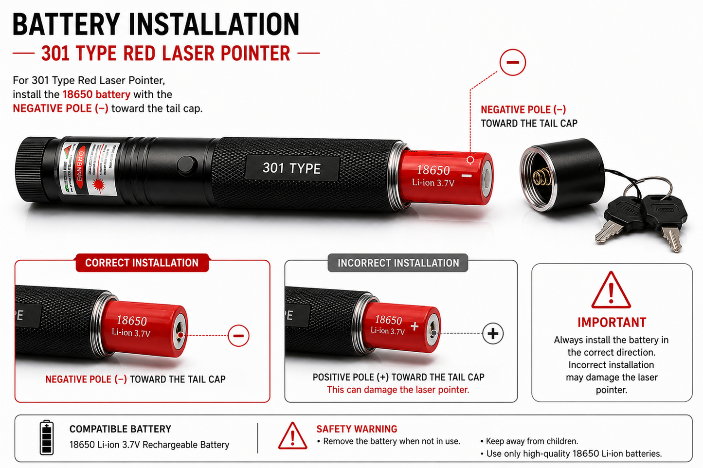 650nm Red Laser Pointer 301 Type – 100mW / 200mW Focusable with Key Lock | Lilly Electronics