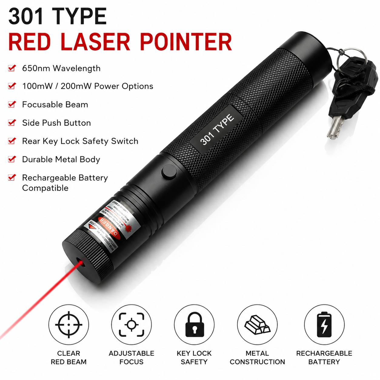 650nm Red Laser Pointer 301 Type – 100mW / 200mW Focusable with Key Lock | Lilly Electronics