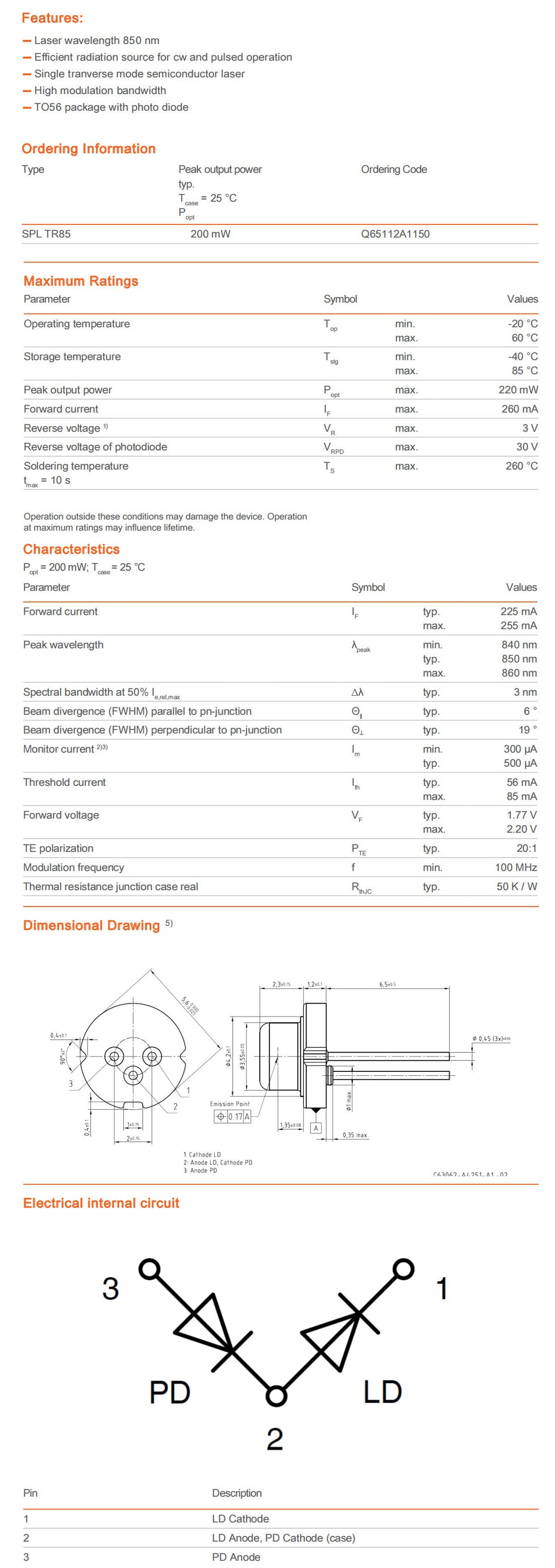 850nm 200mW TO-18 5.6mm Single Mode With PD Infrared Laser Diode Laser Head Lamp