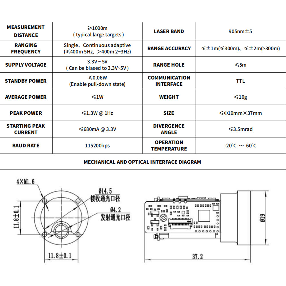Industrial High Precision TOF Laser Ranging Sensor Module 1000m Long Range Distance Measurement Module for UAV Drone Gimbal Pod