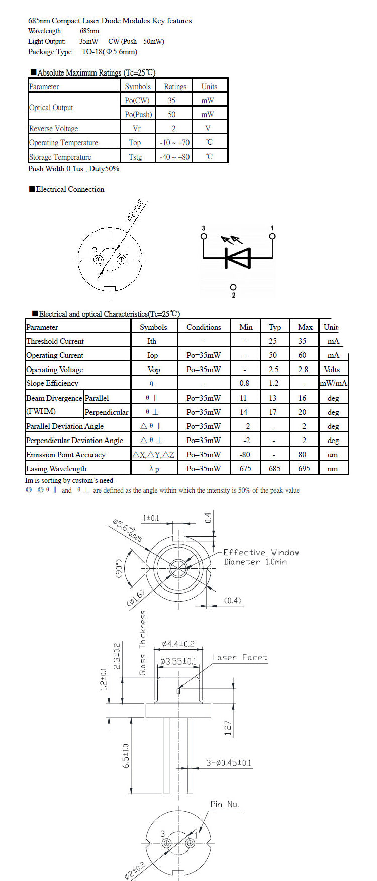 35mW 685nm 680nm Red Light Laser Diode Single Transverse Mode Laser Diode