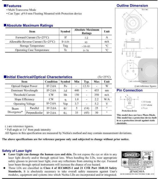 New Nichia 440nm 455nm 2.3W 9.0mm Blu-ray High-power Laser Diode
