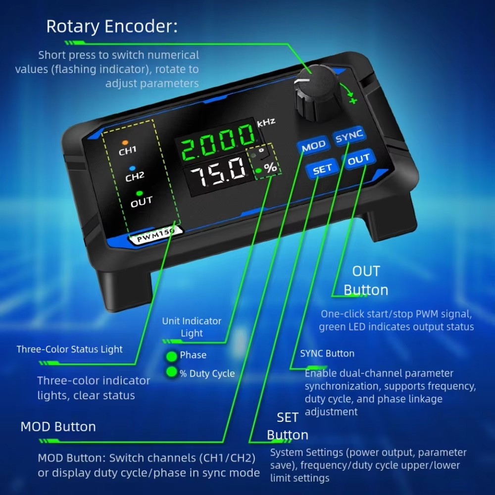 PWM150 Dual Channel Signal Generator, 1Hz‑150KHz Adjustable PWM Pulse Square Wave Generator, LED PWM Frequency & Duty Cycle Controller