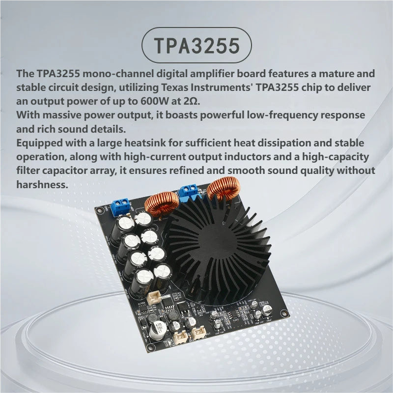 TPA3255 600W High Power Mono Class D HiFi Amplifier Board DC24-48V Digital Audio Amp Board with SNR 100dB Delay Protection