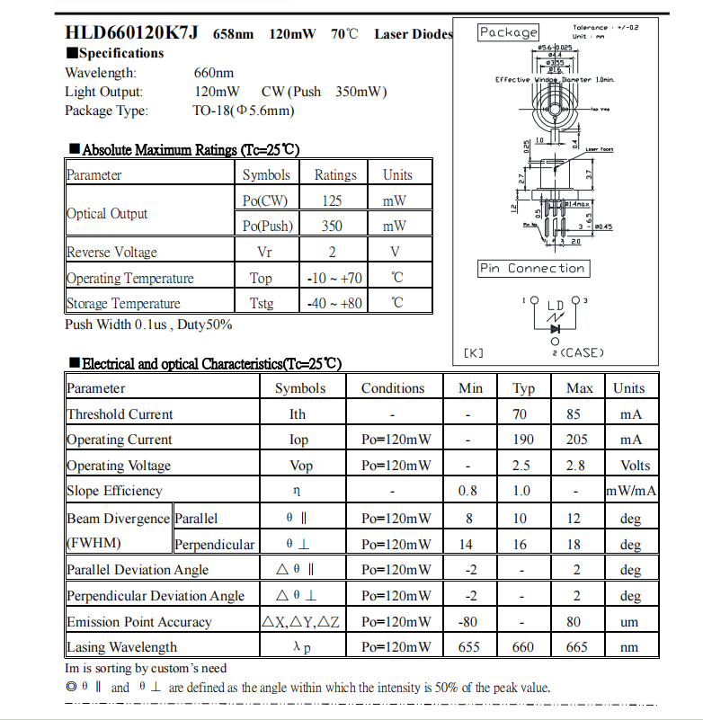 658nm 660nm 120mW K-Type 5.6mm High Cap 3.5mm Industrial Laser Diode LD