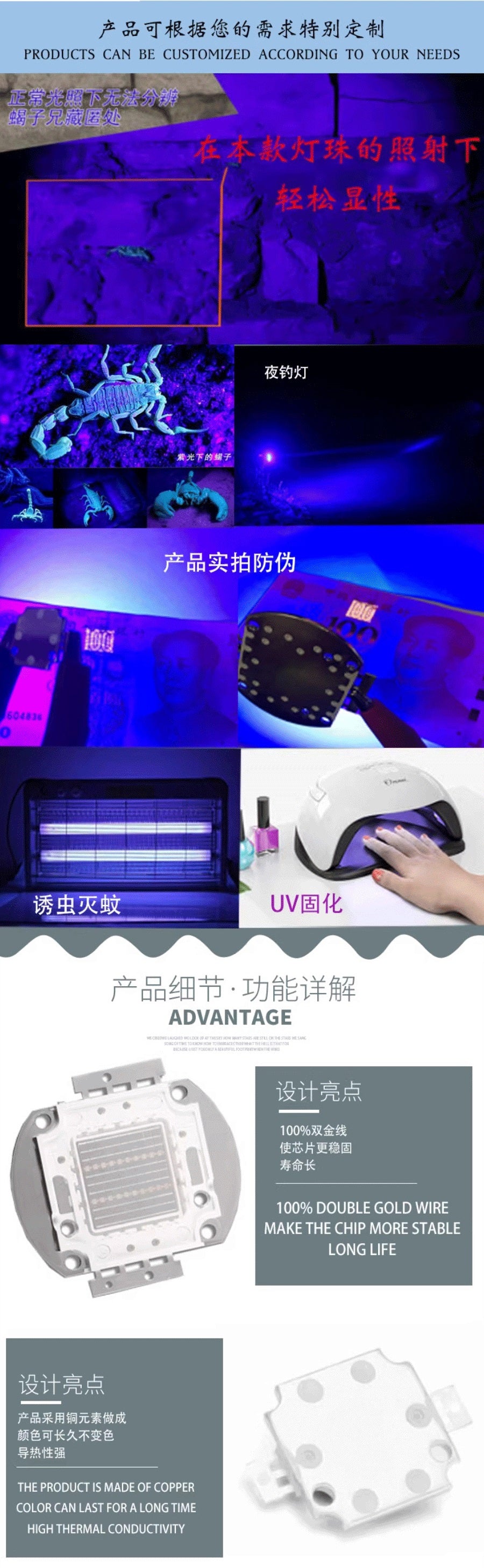 UV Curing Lamp 365nm-430nm LED Purple Fluorescent Sterilization Detection Tool