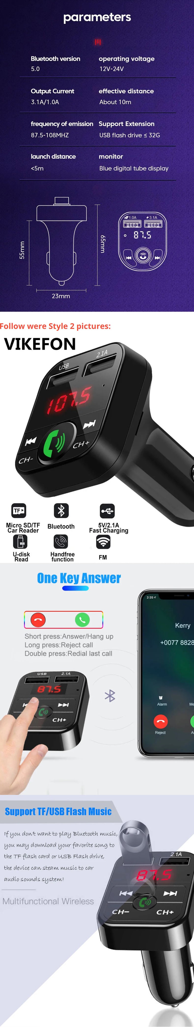 MP3 Car Bluetooth FM Audio Receiver Hands-Free Bluetooth 5.0 USB Car kit Charger
