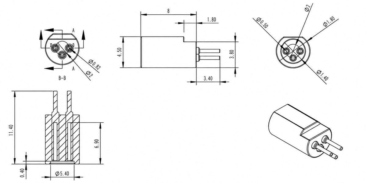 Dimension drawing of 5.6mm TO-18 Laser Diode Test Socket Connector – 3-Pin