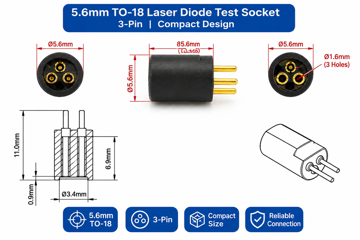 Dimension drawing of 5.6mm TO-18 Laser Diode Test Socket Connector – 3-Pin