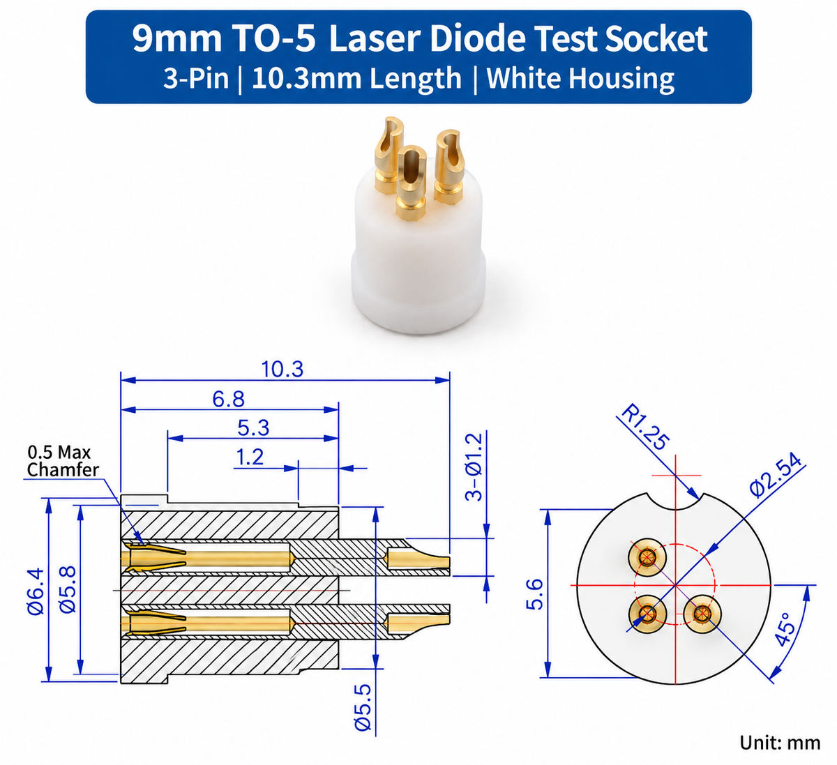 Laserdioden-Stativbuchsen-Steckerhalterung für 5,6mm TO-18 Dreipinfähige Laserdiode