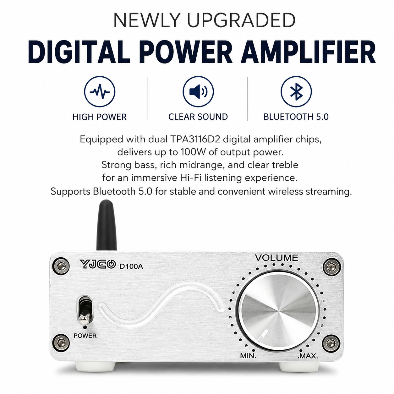D100A Dual TPA3116 Bluetooth 5.0 Class D Stereo Amplifier 2×100W
